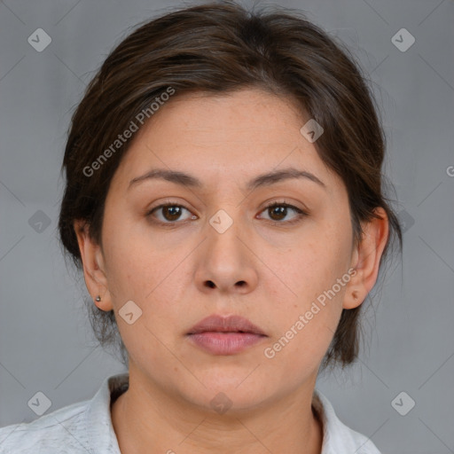 Neutral white young-adult female with medium  brown hair and brown eyes