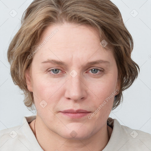 Joyful white adult female with medium  brown hair and blue eyes