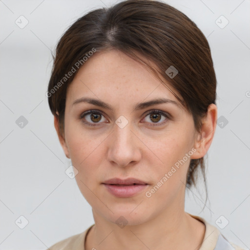 Neutral white young-adult female with short  brown hair and brown eyes