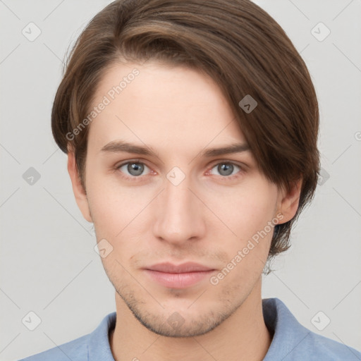 Neutral white young-adult male with short  brown hair and grey eyes