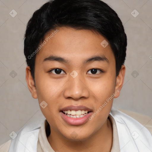 Joyful asian young-adult male with short  black hair and brown eyes