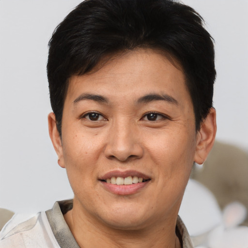 Joyful asian young-adult female with short  brown hair and brown eyes