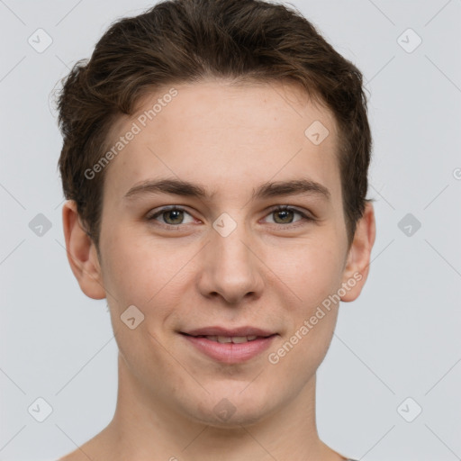 Joyful white young-adult female with short  brown hair and grey eyes