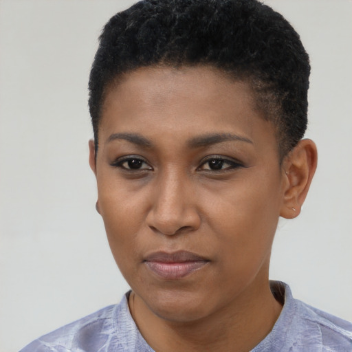 Joyful black young-adult female with short  black hair and brown eyes
