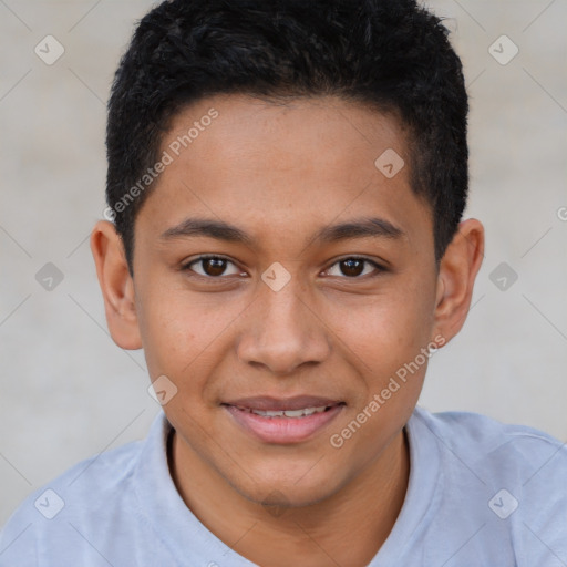 Joyful latino young-adult male with short  brown hair and brown eyes