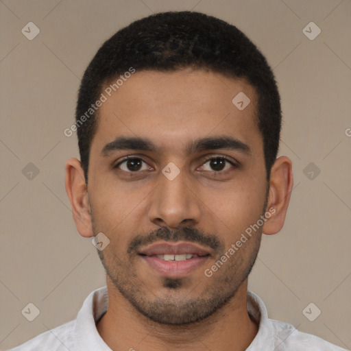 Neutral latino young-adult male with short  black hair and brown eyes