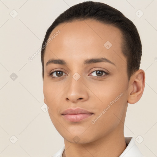 Joyful white young-adult female with short  brown hair and brown eyes