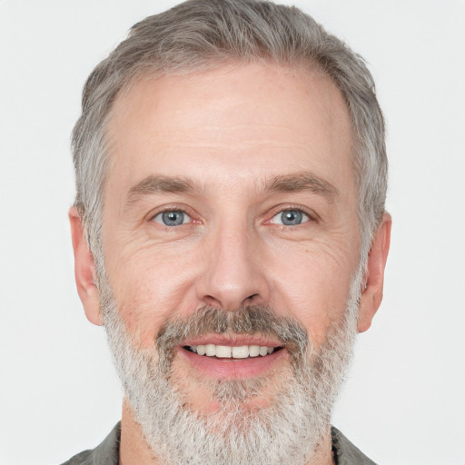 Joyful white adult male with short  gray hair and grey eyes