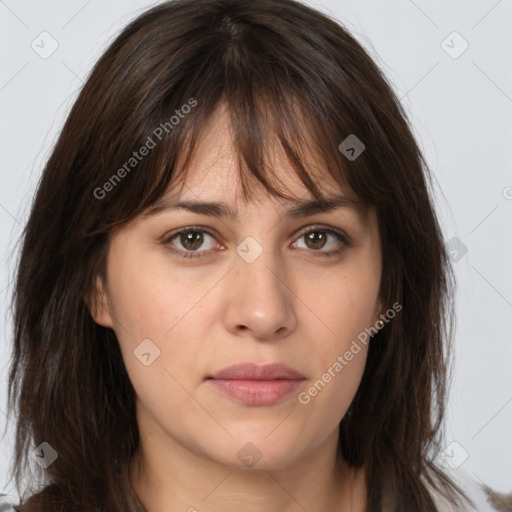 Neutral white young-adult female with medium  brown hair and brown eyes