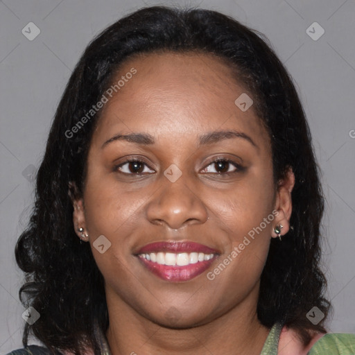 Joyful black young-adult female with medium  brown hair and brown eyes