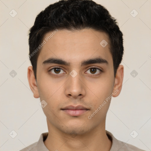 Neutral latino young-adult male with short  black hair and brown eyes