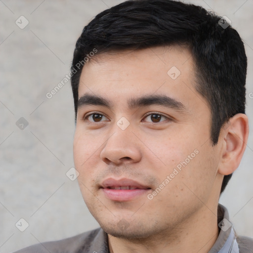 Neutral white young-adult male with short  black hair and brown eyes