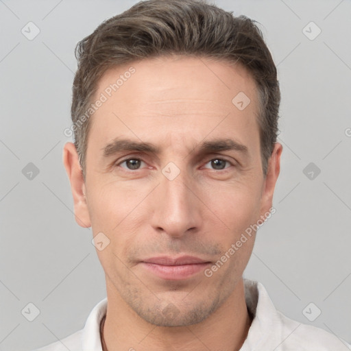 Neutral white adult male with short  brown hair and brown eyes