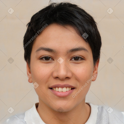 Joyful asian young-adult female with short  brown hair and brown eyes