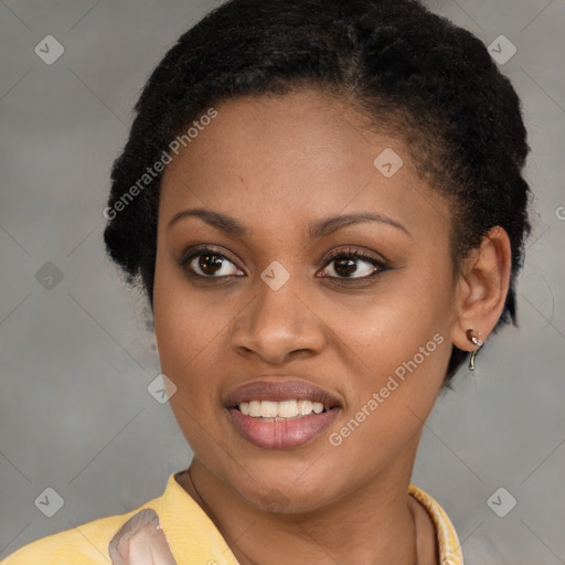 Joyful latino young-adult female with short  brown hair and brown eyes