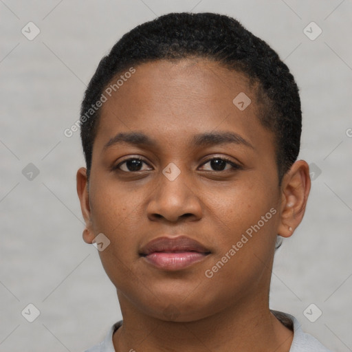 Neutral black young-adult female with short  brown hair and brown eyes