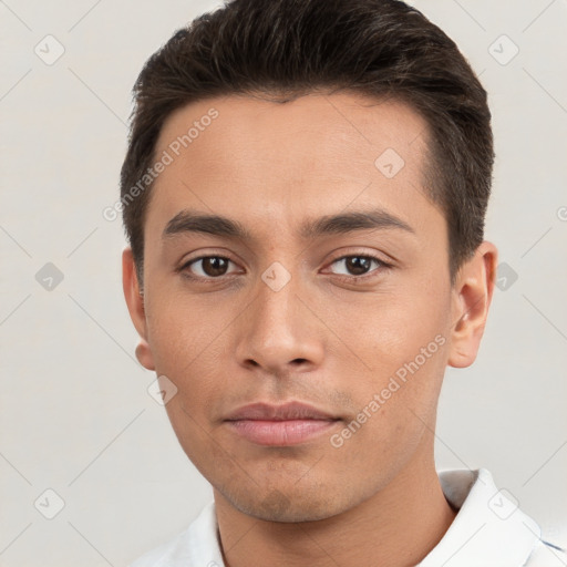 Neutral white young-adult male with short  brown hair and brown eyes