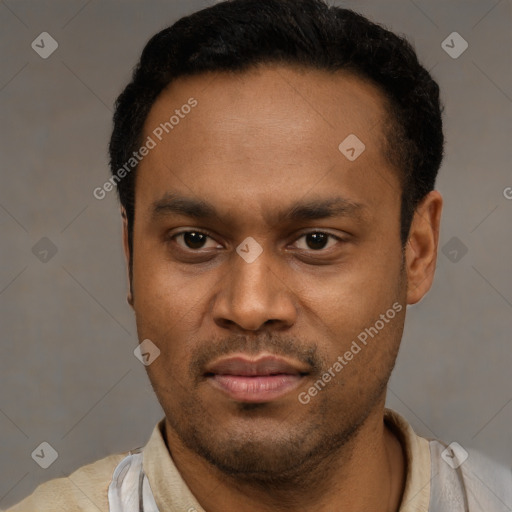 Neutral latino young-adult male with short  black hair and brown eyes