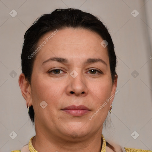 Neutral white adult female with short  brown hair and brown eyes