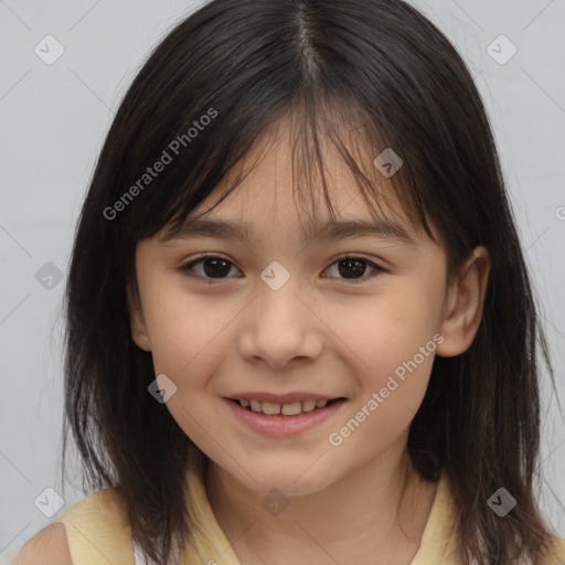 Joyful white child female with medium  brown hair and brown eyes