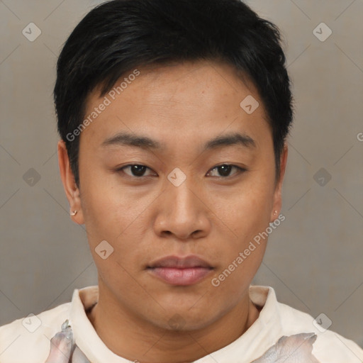 Neutral asian young-adult male with short  brown hair and brown eyes