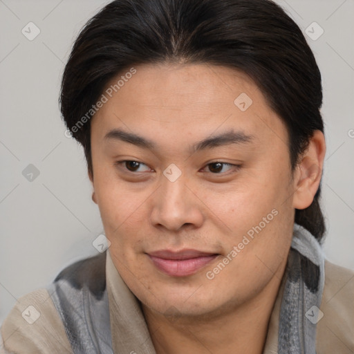 Joyful asian young-adult female with short  brown hair and brown eyes