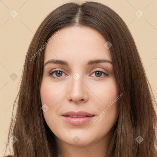 Neutral white young-adult female with long  brown hair and brown eyes