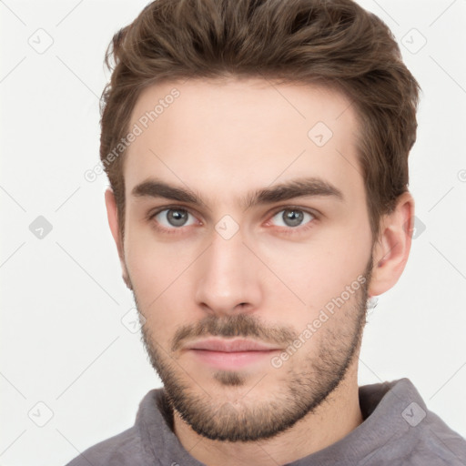 Neutral white young-adult male with short  brown hair and grey eyes