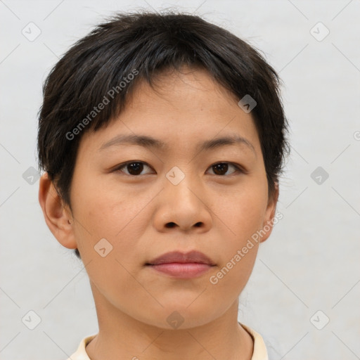 Neutral asian young-adult female with short  brown hair and brown eyes