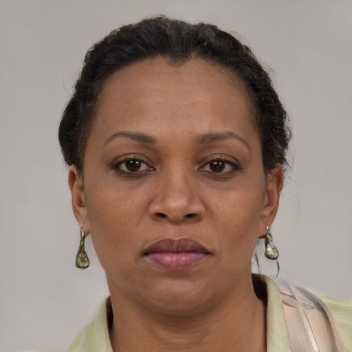 Joyful black adult female with short  brown hair and brown eyes