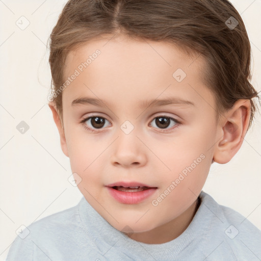 Joyful white child female with short  brown hair and brown eyes