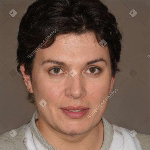 Joyful white adult female with short  brown hair and brown eyes