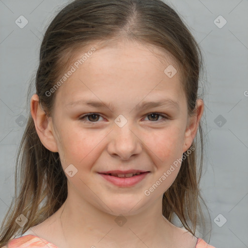 Joyful white child female with medium  brown hair and blue eyes