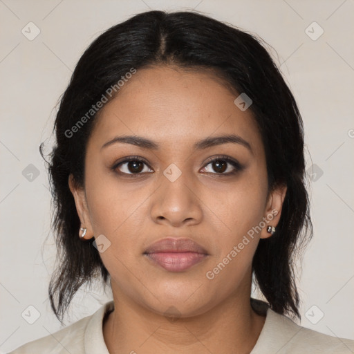 Joyful black young-adult female with medium  black hair and brown eyes