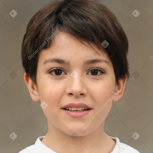 Joyful white child female with short  brown hair and brown eyes