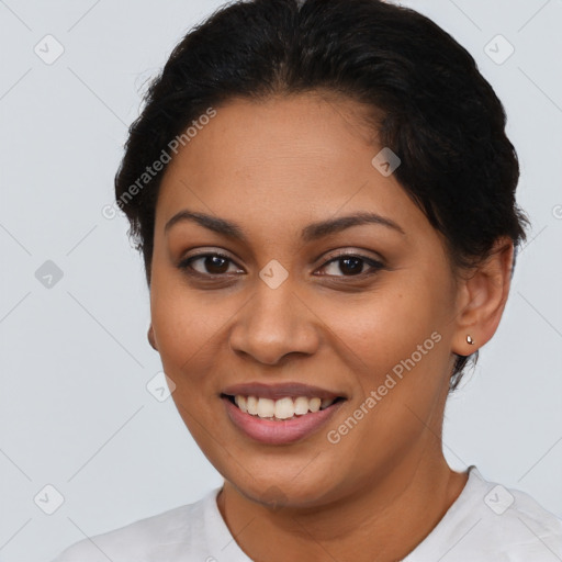 Joyful latino young-adult female with short  brown hair and brown eyes