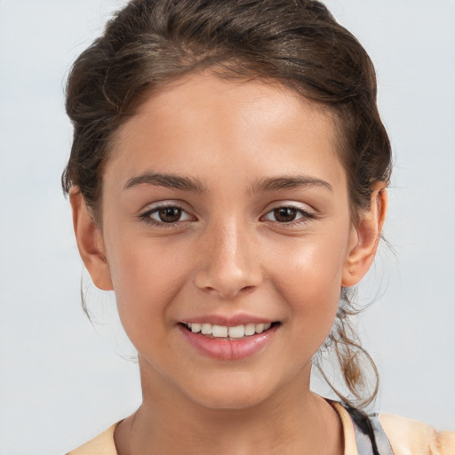 Joyful white child female with medium  brown hair and brown eyes