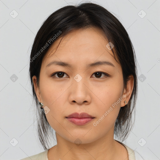 Neutral asian young-adult female with medium  brown hair and brown eyes