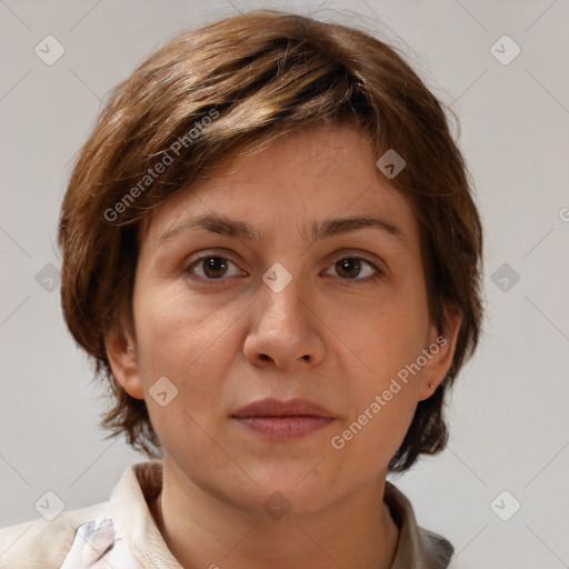 Neutral white young-adult female with medium  brown hair and brown eyes