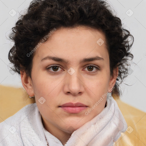 Neutral white young-adult female with short  brown hair and brown eyes