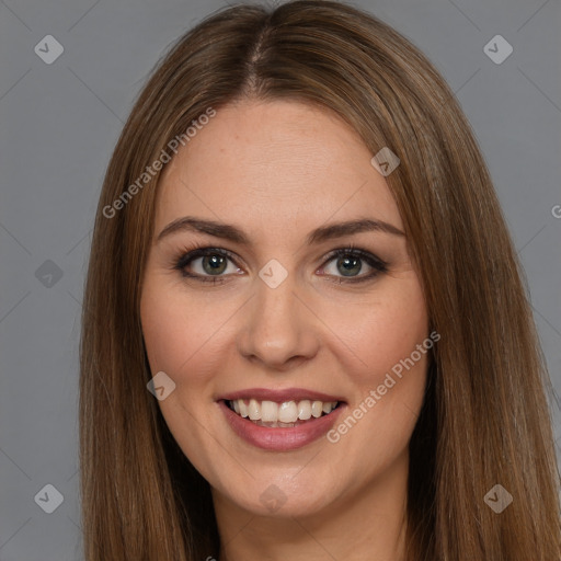 Joyful white young-adult female with long  brown hair and brown eyes