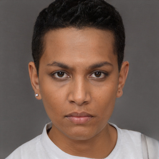 Neutral black young-adult female with short  brown hair and brown eyes