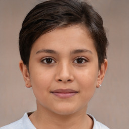 Joyful white child female with short  brown hair and brown eyes