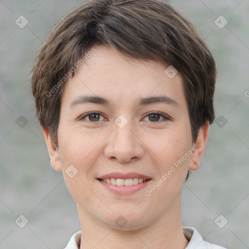 Joyful white young-adult female with short  brown hair and brown eyes