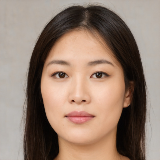 Neutral asian young-adult female with long  brown hair and brown eyes