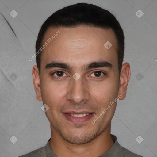 Joyful white young-adult male with short  brown hair and brown eyes