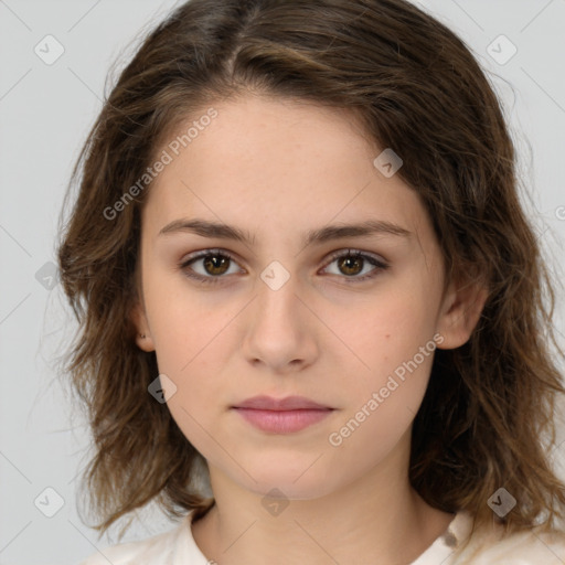 Neutral white young-adult female with medium  brown hair and brown eyes