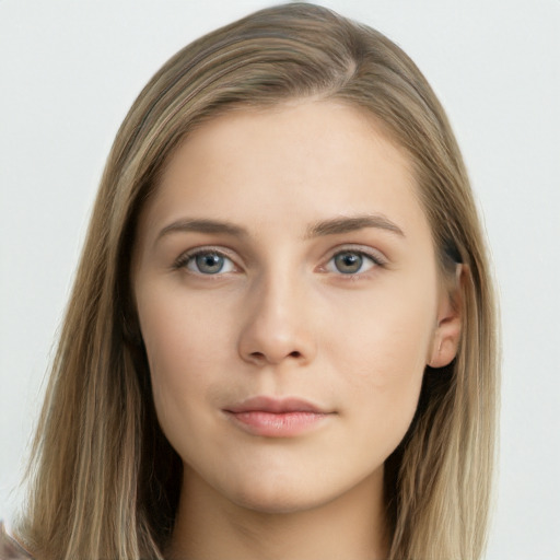 Neutral white young-adult female with long  brown hair and grey eyes