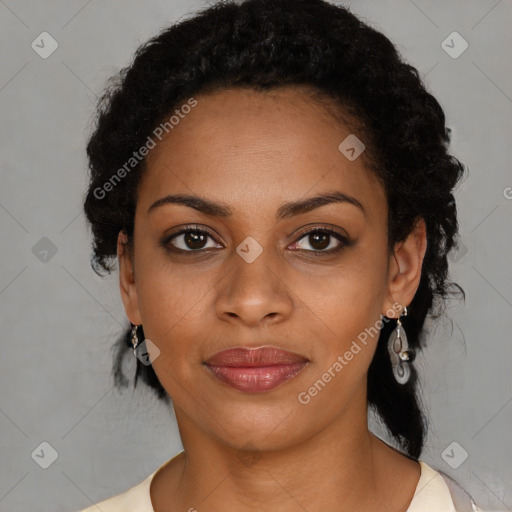 Joyful black young-adult female with medium  black hair and brown eyes