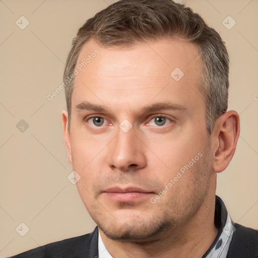 Neutral white young-adult male with short  brown hair and brown eyes